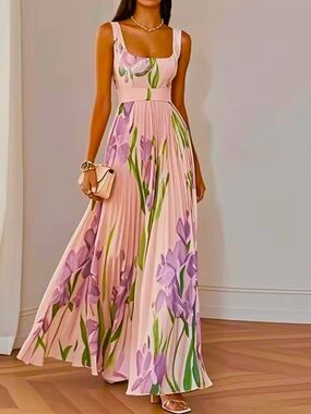 Pink Floral NWOT Sleeveless Wedding guest pleated Dress w tie belt